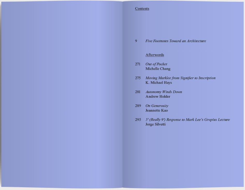 Mark Lee; Five Footnotes Toward an Architecture